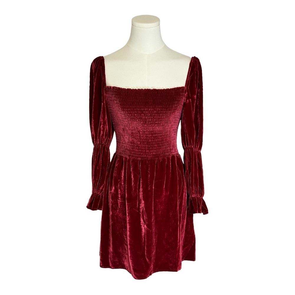 Reformation Albi Crimson Red Velvet Smocked Long Sleeve Mini Dress Sz Small Silk - Picture 5 of 8